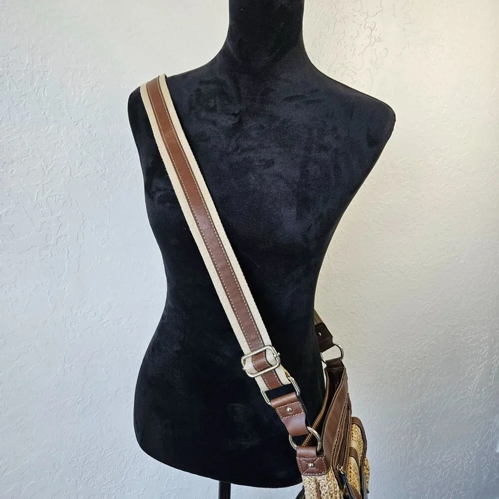 Chaps Straw & Faux Leather Crossbody Bag satchel purse Boho Cottage core Hippie - Picture 7 of 16